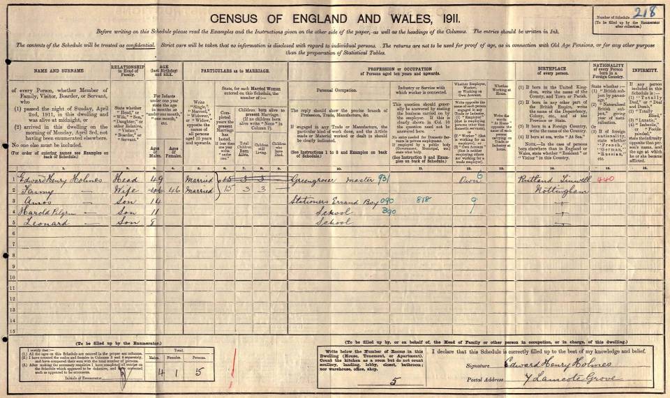 Amos Holmes 1911 Census
