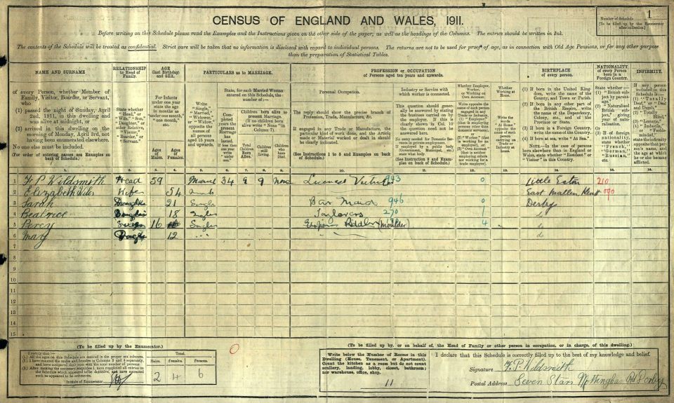 Wildsmith 1911 census