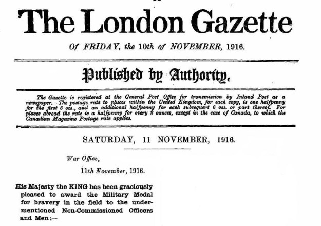 London Gazette November 1916