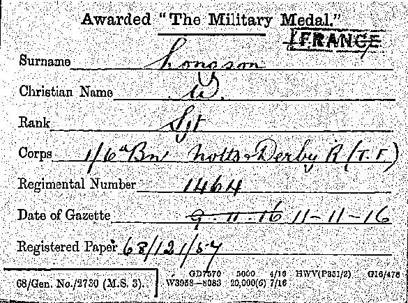 Longson Military Medal 1916